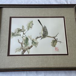 Framed Asian watercolor painting of a bird on a branch by S. Chang. 21”x 17” Including Frame