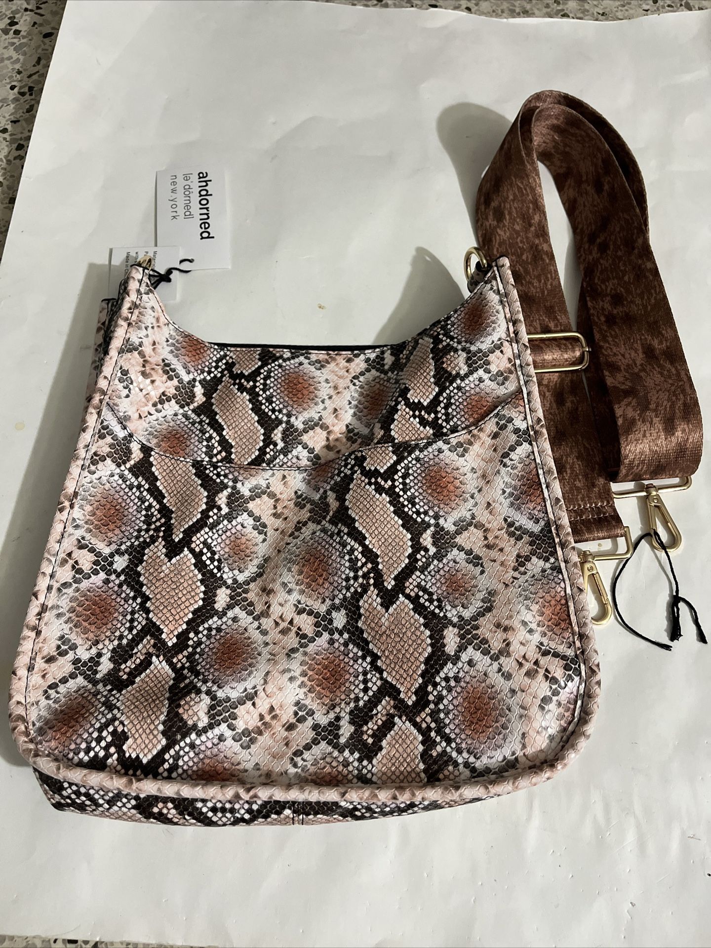 NWT AHDORNED Printed Messenger with Coordinating Strap in Neutral Snake Pattern