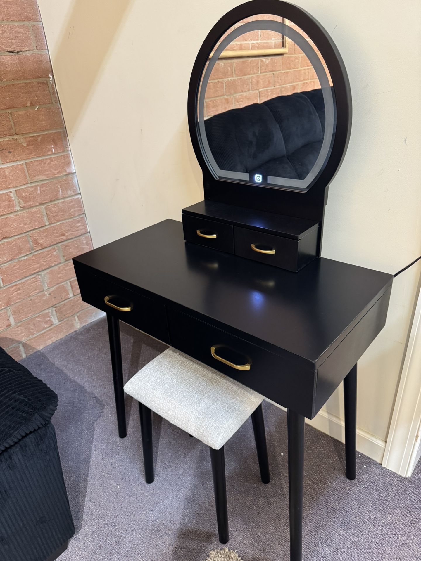 Black Vanity With LED Mirror And Stool