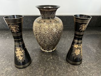 Black Brass Vases With Gold Filigree 