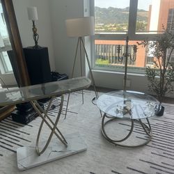 $80 Modern Gold Metal Glass Bar Table (42” L x 32”H) , $100 Coffee Table (32” Diameter), $70 Cabdelabra, $40 Modern Floor Lamp, $50 Artificial Olive T