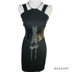 MICHAEL KORS Sz XL NWT Halter black Dress w/Hot Topic Corset Butterfly Belt