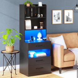Tall Nightstand with Charging Station and LED Lights, Night Stand with 3 Drawers and Storage Shelves, Bedside Table with Bookshelf, Modern End Side Ta