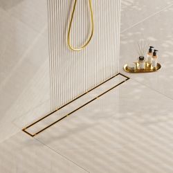 Neodrain 30-Inch Gold Linear Shower Drain, 2-in-1 Flat & Tile Insert Cover, Stainless Steel Linear Drain, Brushed Brass Rectangle Shower Floor Drain w