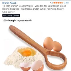 13-Inch Danish Dough Whisk - Wooden for Sourdough Bread Baking Supplies - Traditional Dutch Whisk for Pizza, Pastry, Cake Batter