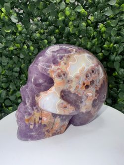 Crazy Lace Amethyst Skull Crystal Carving