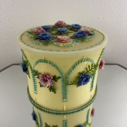 Vintage 70s Handmade Yellow Folk Art Kitschy Floral Ice Cream Bucket Container
