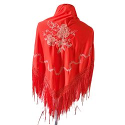 Vintage large v shaped orange white  Floral Embroidered Shawl with fringe multiway 