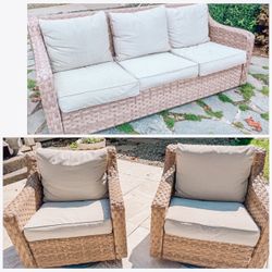 Outdoor Wicker Patio Couch Set – Sofa + 2 Chairs Beautiful neutral outdoor patio set featuring a 3-seat couch and two matching armchairs. Light tan/b