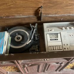 Antique Record Player And Cassette Table 
