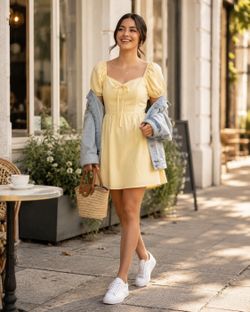 Yellow Short Puff Sleeve Dress with Tie Detail