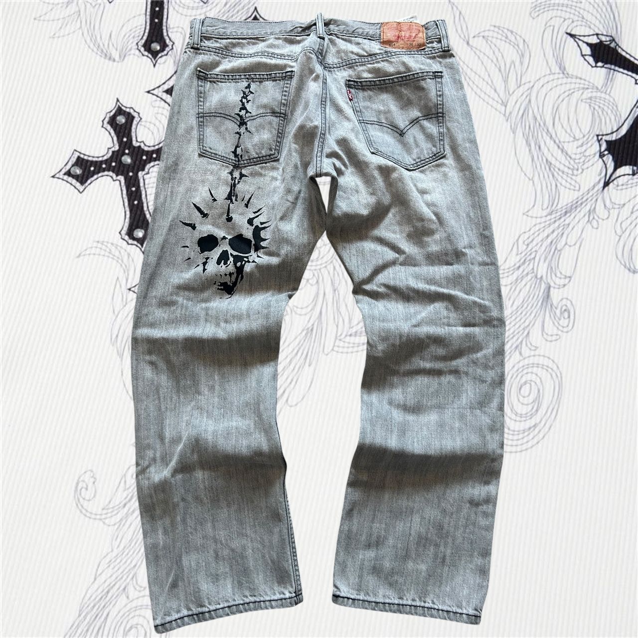 Grunge Skull n Chains Grey Wash Denim Levi Jeans Mens Size 36 x 30
