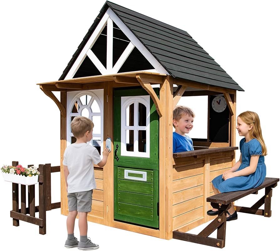 Kids Playhouse Outdoor,Cedar Gray Wooden Play House for Kids Ages 3-8,Interactive Doorbell, Kitchen Counter with Utensils, Sink, Window Boxes for Flow