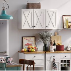 Wall Storage Cabinets - Farmhouse Kitchen Laundry White Wall Mounted Cabinets with 3 Doors and Shelves, 35inch Wide Brand new in box $90 B39（2）