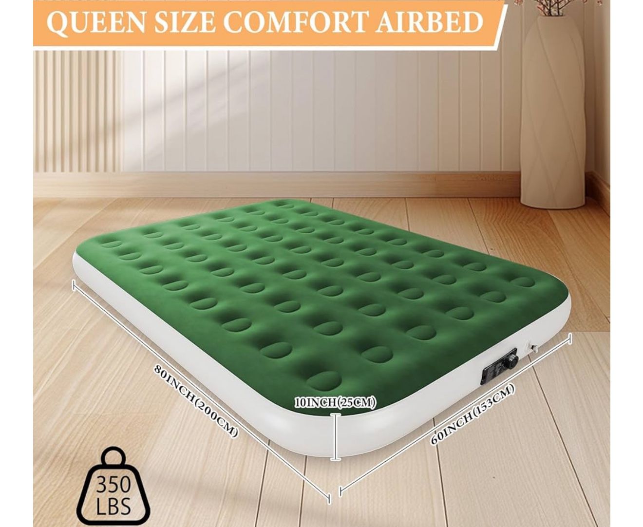 New Air Mattress Queen Size, Green, Never Used, Still In The Box, Build In Electric Pump, Just 3 -4 Minutes