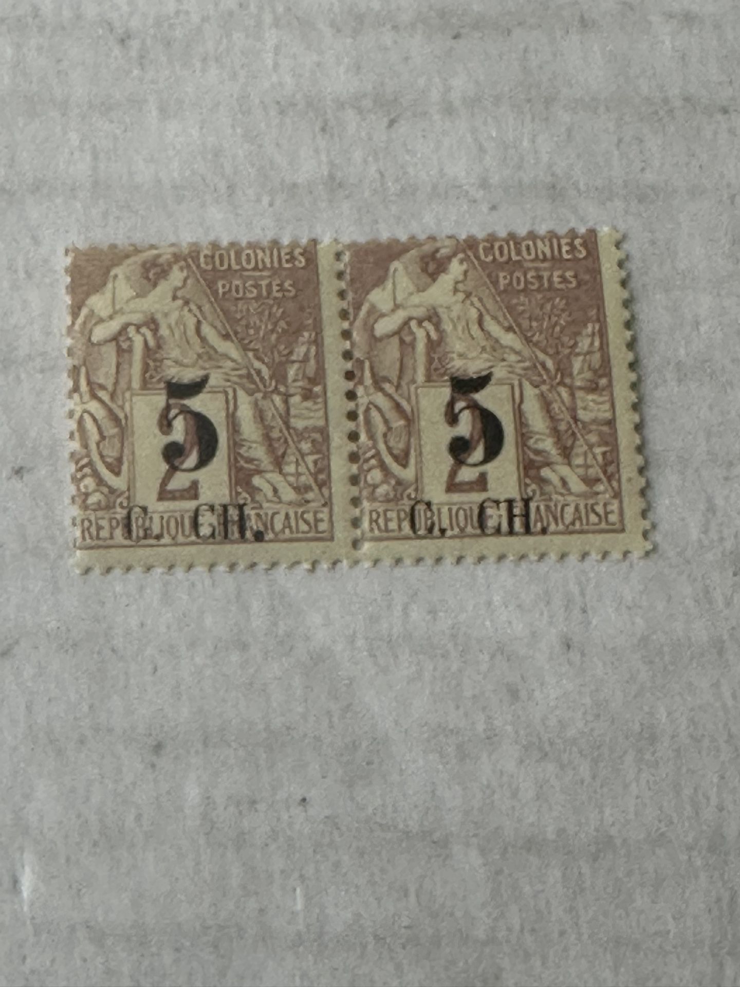 1886 Cochin China Pair 5Cent On 2 Cent Mint Hinge Stamps