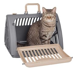 SportPet Designs Foldable Travel Cat Carrier - Front Door Plastic Collapsible Carrier, Gray and Tan, Medium