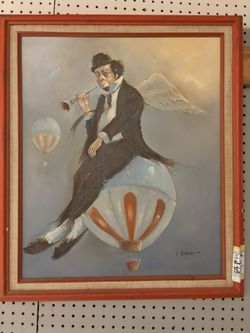 Vintage Surreal Clown Painting – Signed by Artist