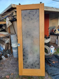 bamboo wood pocket door with plastic glass with decoration in excellent condition, with frame