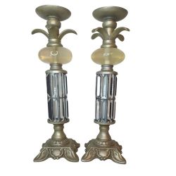 Vintage Pair Of Deco/Hollywood Regency Ornate Resin Glass Pillar Candle Holders