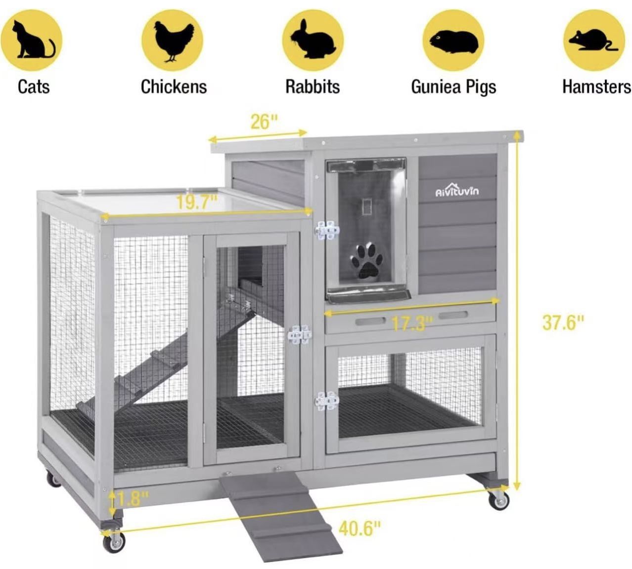 🥨Aivituvin AIR10-H Rabbit Hutch Large Wooden Bunny House Guinea Pig Cages on Wheels, Two Trays, Indoor Outdoor