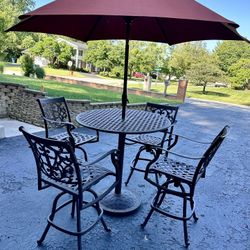 Cast Aluminum Patio Set, Free Local Delivery, Over $2000 When New, 42” Table With 4 Swivel Bar Height Stools, And Umbrella, High End Set,