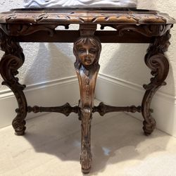 Gorgeous Antique Ornate Hand Carved Solid Wood & Black Veined Marble Side End Coffee Accent Table $550.   White Asian Lady Statue $550. 