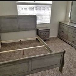 New Antique Grey 4pc Bedroom Set With Dresser Mirror Nightstand Without Mattress Free Delivery 