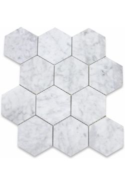 4” Hexagon Carrara White Marble Mosaic 