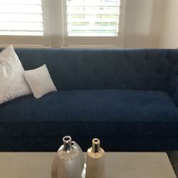 Beautiful Blue Velvet Mid-Century Modern Couch in Great Condition!