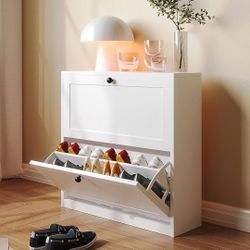 O805 Shoe Cabinet with 2 Flip Drawers, Freestanding Shoe Storage Cabinet with Adjustable Shelf & Anti-Tipping Device, Shoe Rack for Entryway, Hal