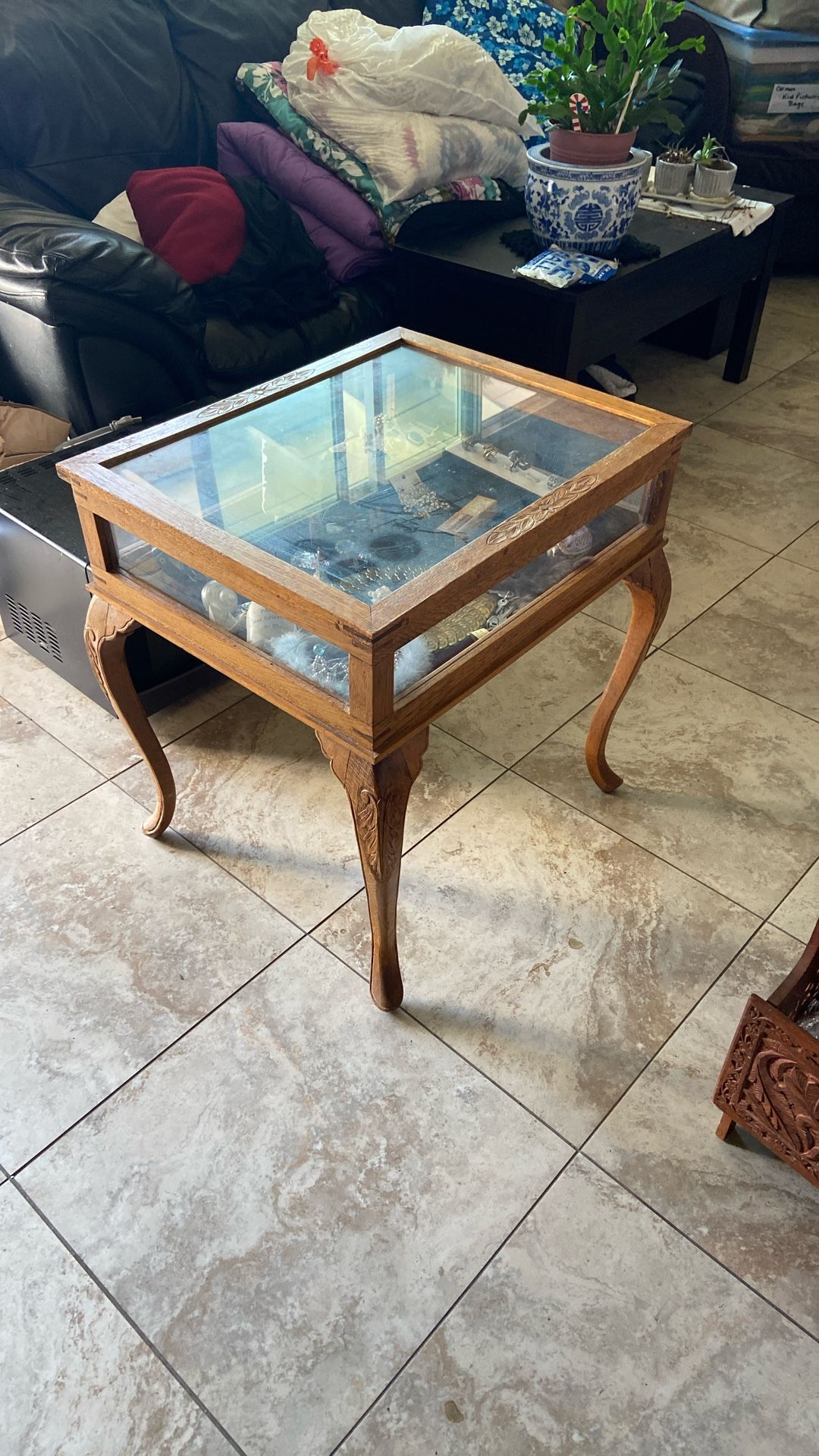 Antique Oak Display Jewelry Table Glass