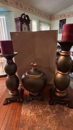 2 Candle Stands and Pot with lid