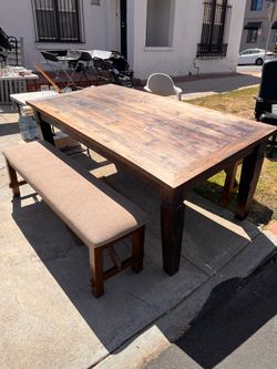 Large Barn-Style Wooden Dining Table w/ Two Upholstered Benches