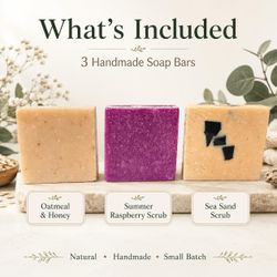 3 Pack Handmade Natural Soap Bars Bundle – Oatmeal Honey, Raspberry & Sea Sand Scrub