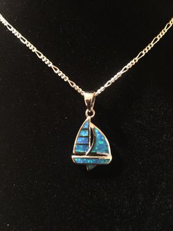 Sterling Silver Sailboat Blue Lab Opal Pendant Only