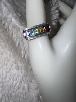 Vintage Sterling Silver MultiColor Gemstone Channel Set Band Ring. Size 8