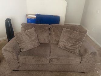 Tan Fabric Loveseat with Throw Pillows