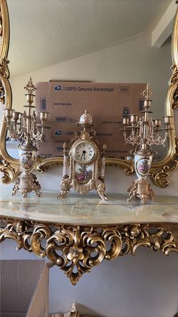 Vintage Ornate Porcelain & Gold Mantel Clock with Matching Candelabras - 3-Piece Set