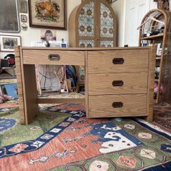 Vintage true mid century modern campaign style rattan wicker detail desk