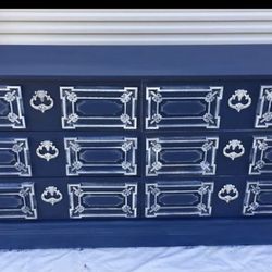 Mid Century 59” Navy Dresser Newly Refinished White Accents *See My  Other 800 Items*