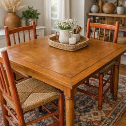 Solid Wood Dining Table with 3 Ladderback Chairs – Vintage Style