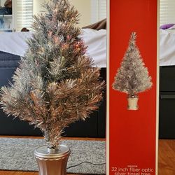32 Inch Fiber Optic Silver Tinsel Tree 