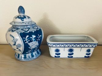 Blue & White Decorative Ceramic Ginger Jar & Planter Set | Chinoiserie Home Décor