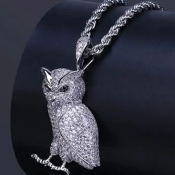 Iced Out Bling 14K White Gold Plated Cubic Zirconia Owl Pendant Necklace 