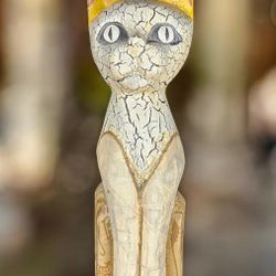 Hand Carved Mixed Media Folk Art Cat 