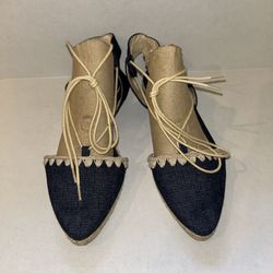 Nine West Womens Unah Almond Toe Denim Ankle Wrap Slide Flats, Summer Sandals, Sz 6.5