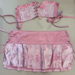 Y2K Pink Satin Brocade Lace-Up Corset Top & Pleated Mini Skirt Set – Fairycore Coquette Outfit
