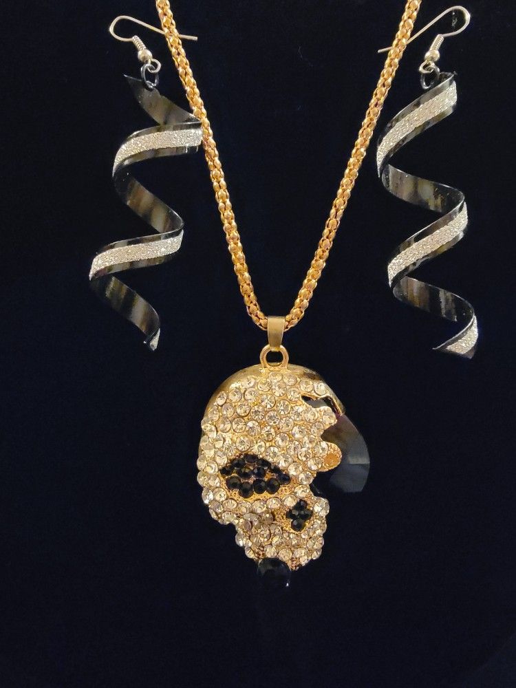 IceCrush Cz 15" Onyx Skull Necklace W/matching Earrings + Giftbox