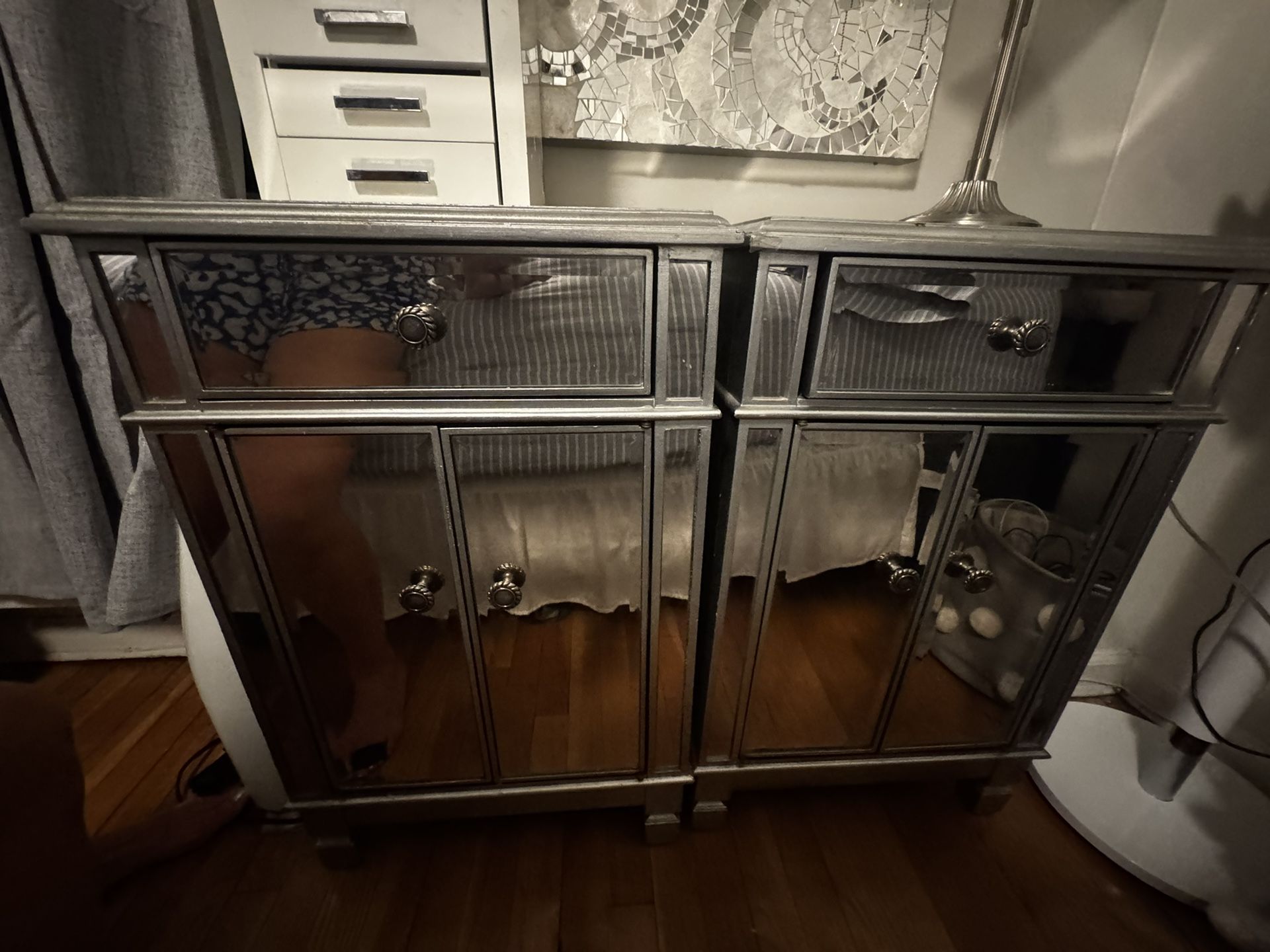 Two Pier One Mirrored Silver Cabinets/night Stands